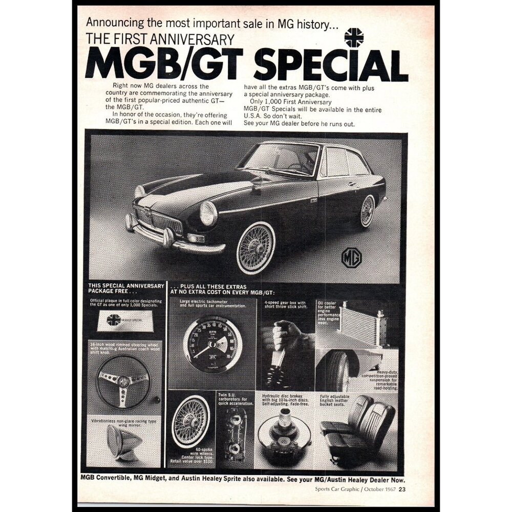1968 MG MGB/GT Special Coupe Vintage Print Ad First Anniversary 70s Wall Art